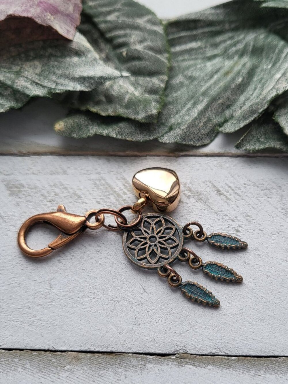 Rose Gold Heart Locket Keychain Dreamcatcher Memorial Pendant Bag Charm